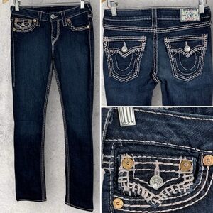 True Religion High Rise Straight Jeans Dark Blue Womens Sz 27 Bling Flap Pockets
